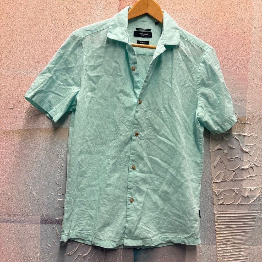 Kenneth Cole S Mint Green Linen Cotton Short Sleeve Button Down Shirt Preppy